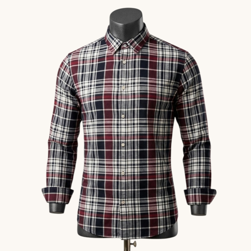 H&M Men’s Plaid Flannel Shirt Size M Burgundy Black White Long Sleeve No Pocket